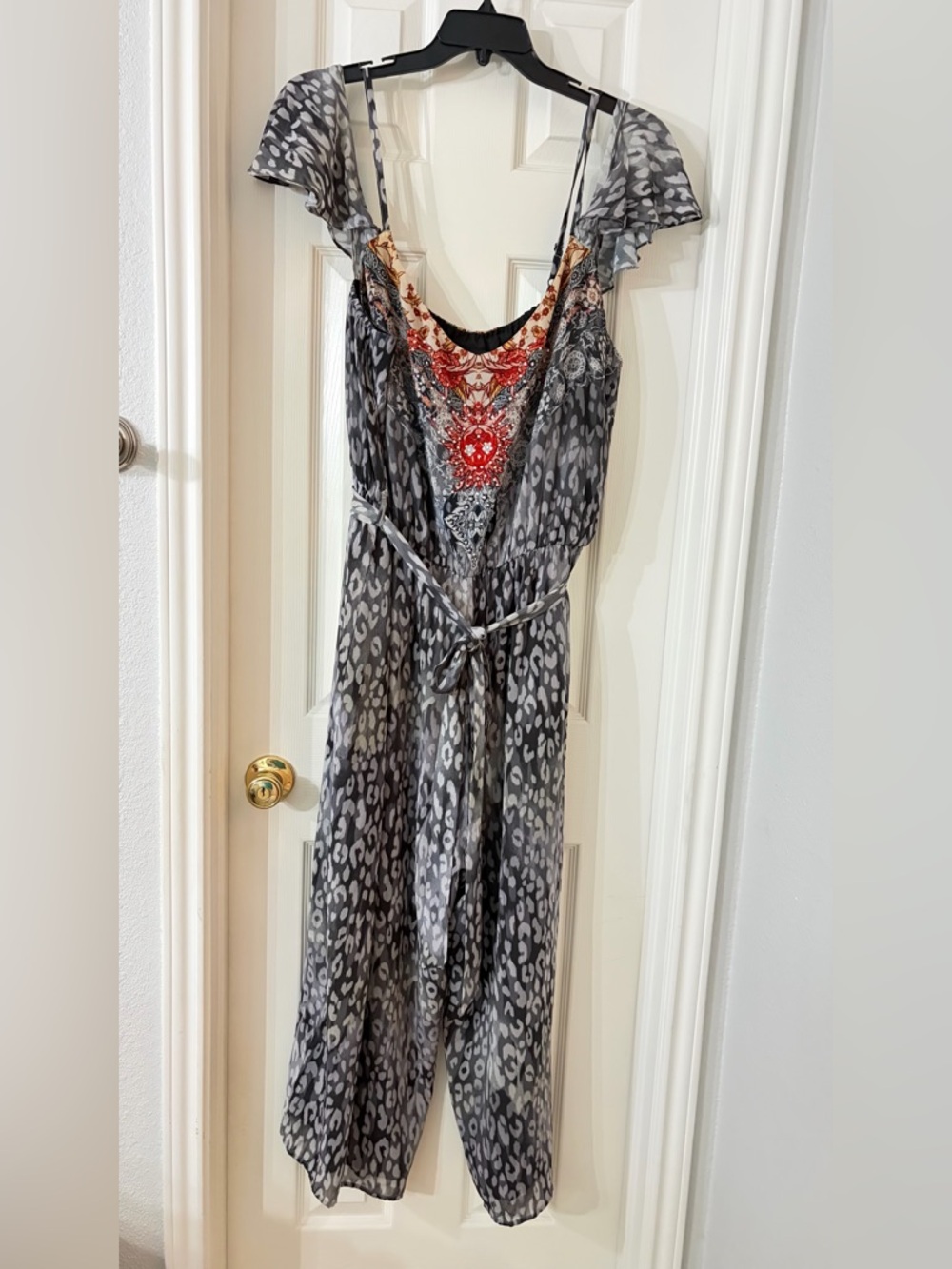City Chic Gray Leopard Printed Jumpsuit with Red Embellished Bodice